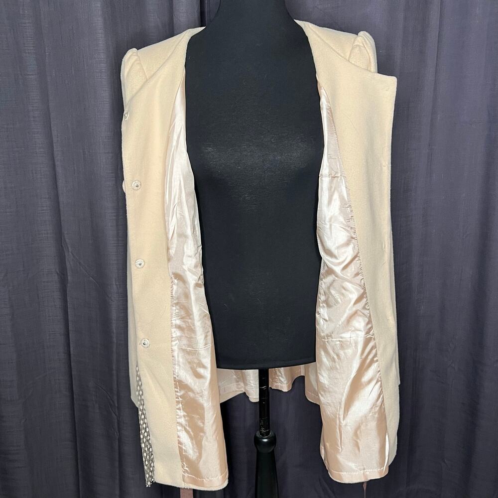 A’REVE Victorian cream button front peplum lace & ribbon pea coat Size Large - Picture 8 of 11